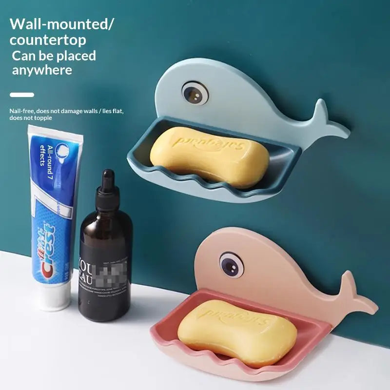 Whale-Shaped No-Drill Adhesive Soap Dish with Drainage