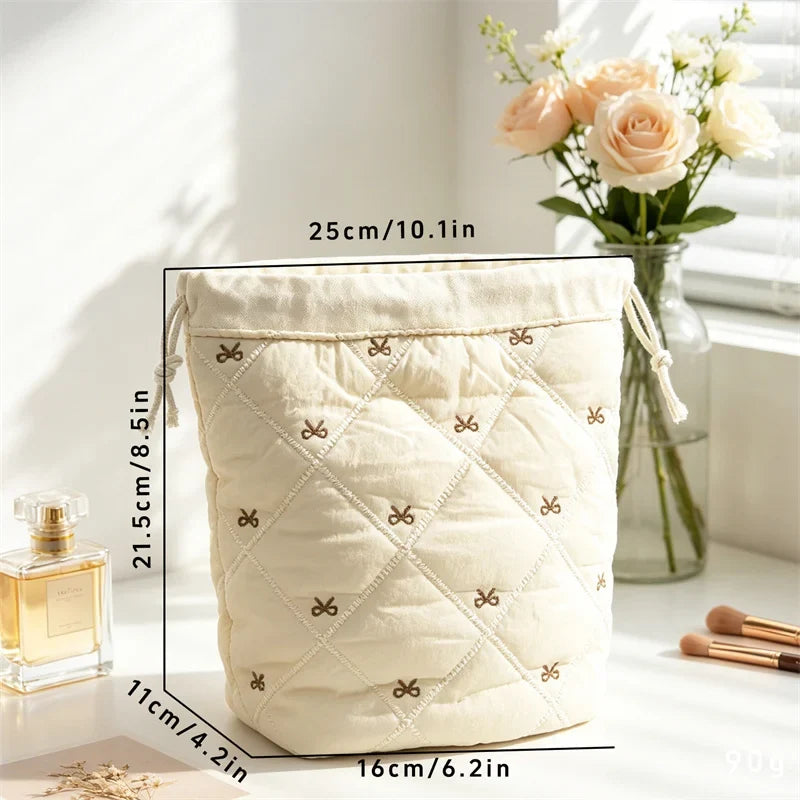 Quilted Drawstring Makeup Bag – Bow Embroidery Travel Organizer