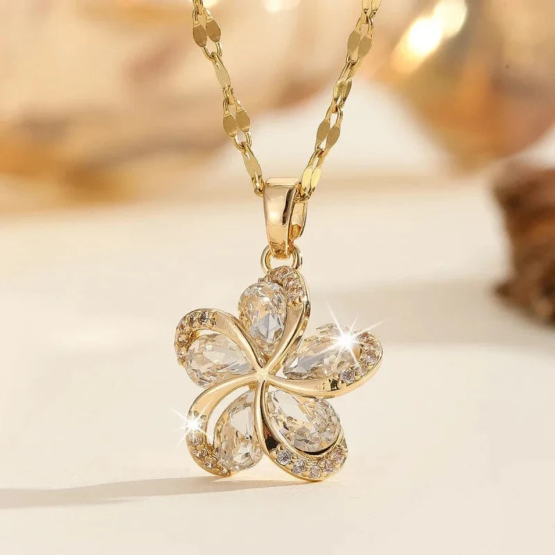 Women's Gold Flower Pendant Necklace – Zircon & Stainless Steel