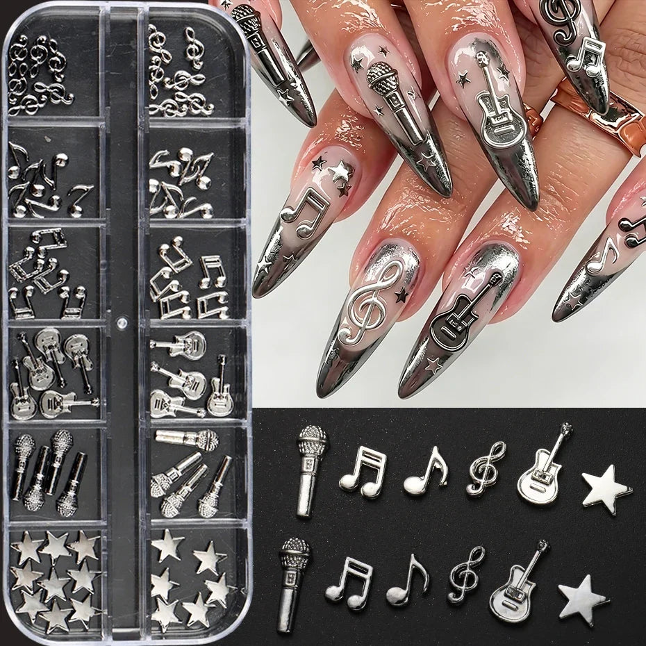 Music Punk Nail Art Charms Set – Guitar, Notes & Mic | 12 Grids