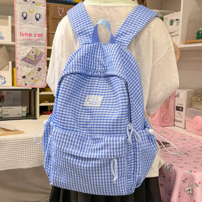 Japanese Plaid Canvas Backpack – Large Capacity Student Bag