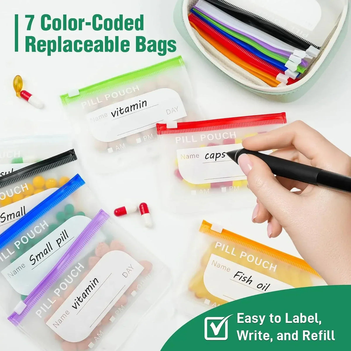 Waterproof 7-Day Twice-Daily Pill Organizer – 14 Color-Coded Pouches