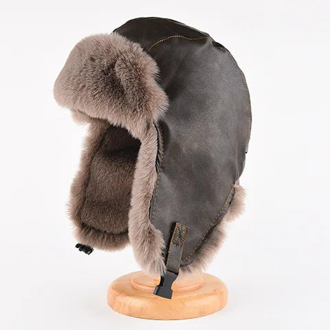Faux Leather Fur-Lined Bomber Trapper Hat with Ear Flaps