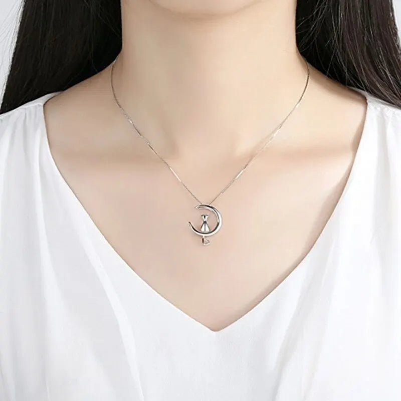 Women's Moon Cat Pendant Necklace | Celestial Gift Jewelry