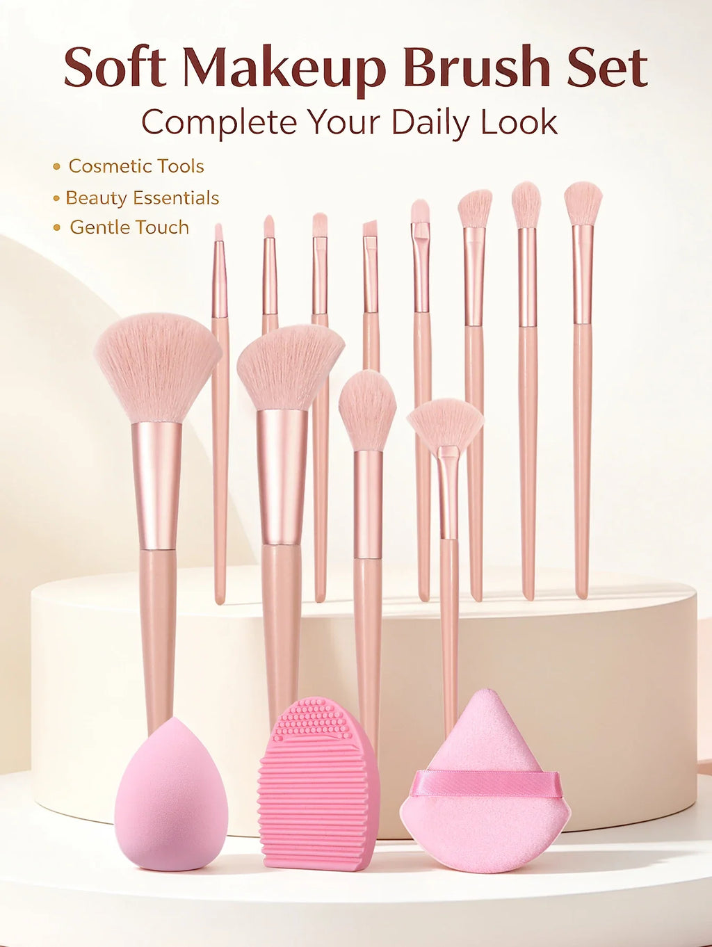 15-Piece Soft Makeup Brush Set with Sponge & Powder Puff
