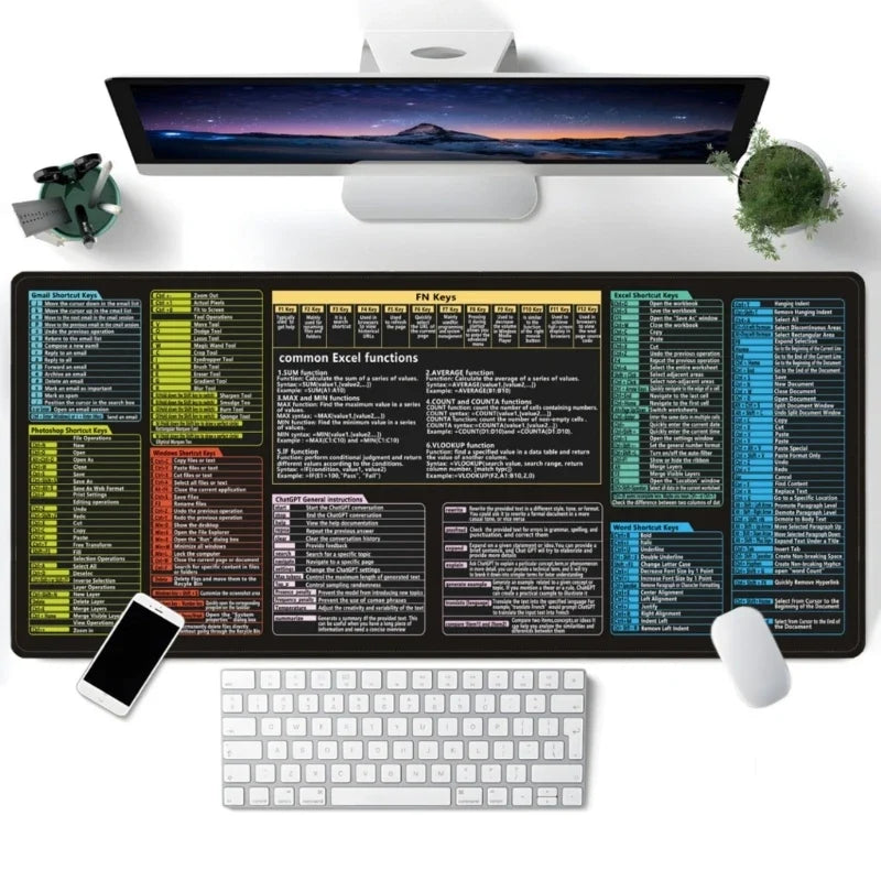 Extended Desk Mat with Keyboard Shortcuts | Large Gaming Mouse Pad