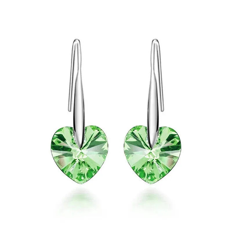 Women's Silver Green Rhinestone Heart Hook Drop Earrings