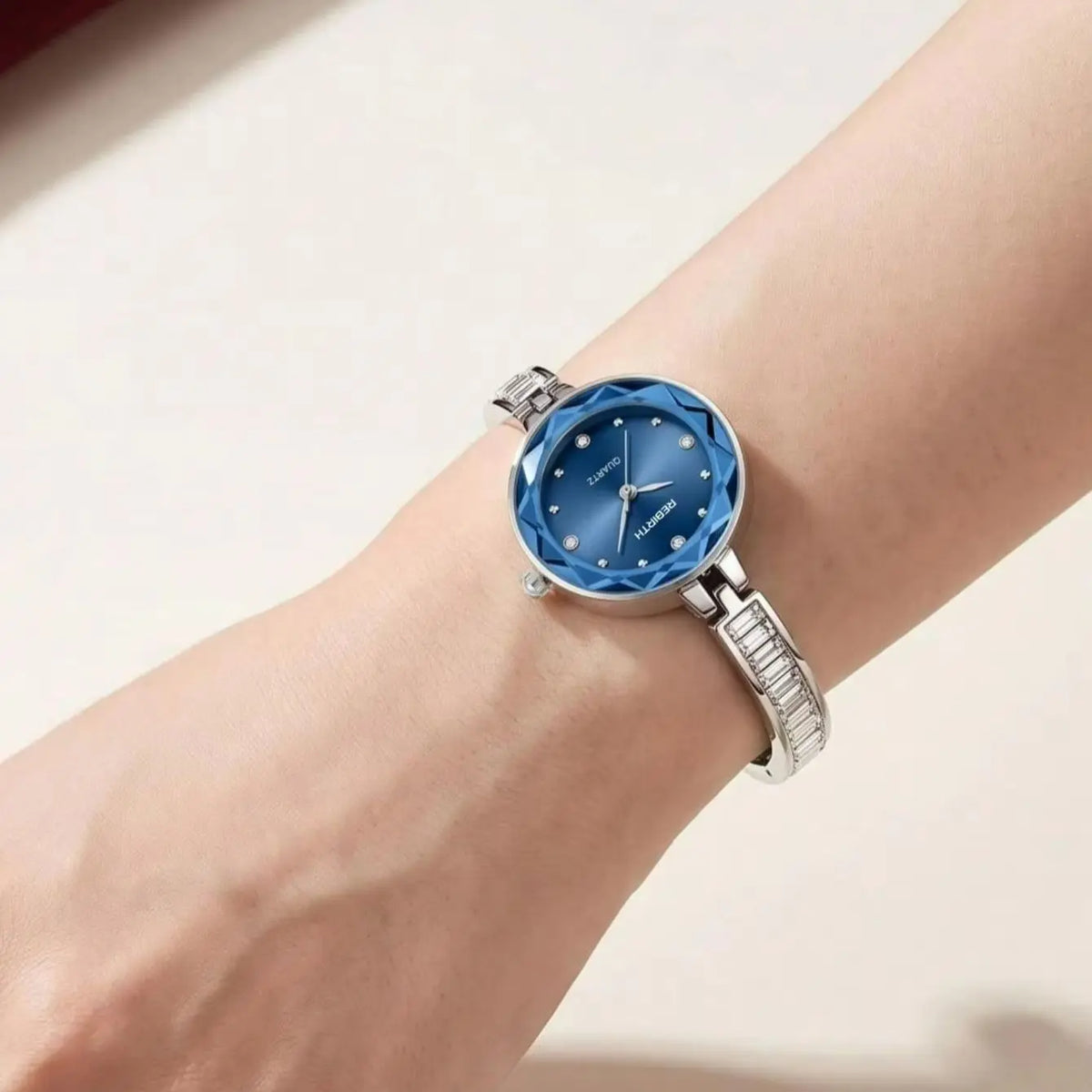 REBIRTH Women's Blue Dial Diamond Quartz Watch | Steel Band