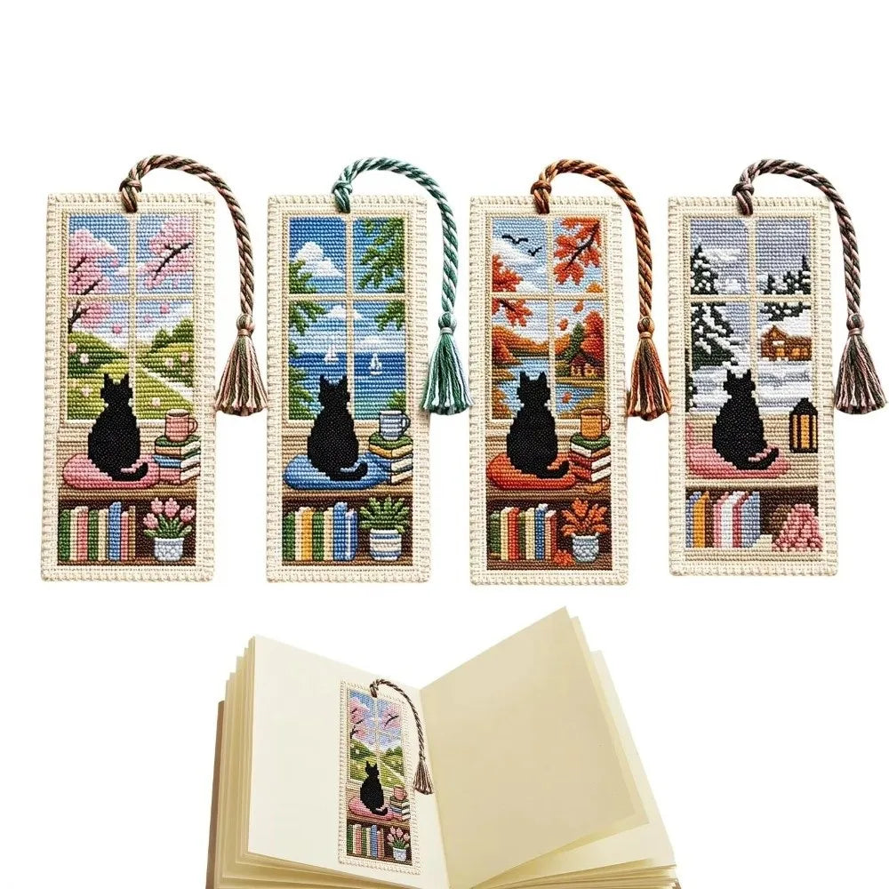 Seasonal Cat Cross Stitch Bookmark DIY Kit with Braided Tassel