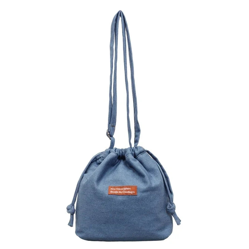 Women's Denim Drawstring Bucket Bag – Crossbody Shoulder