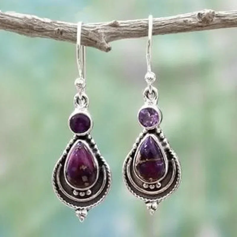 Zircon Moonstone Purple Agate Dangle Silver Hook Earrings