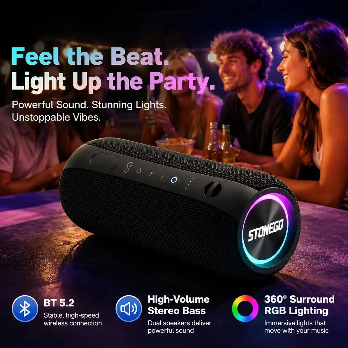 STONEGO Cyberpunk RGB Bluetooth Speaker – TWS Stereo Bass