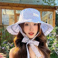 Women's Polka Dot Wide Brim Bucket Sun Hat with Ribbon