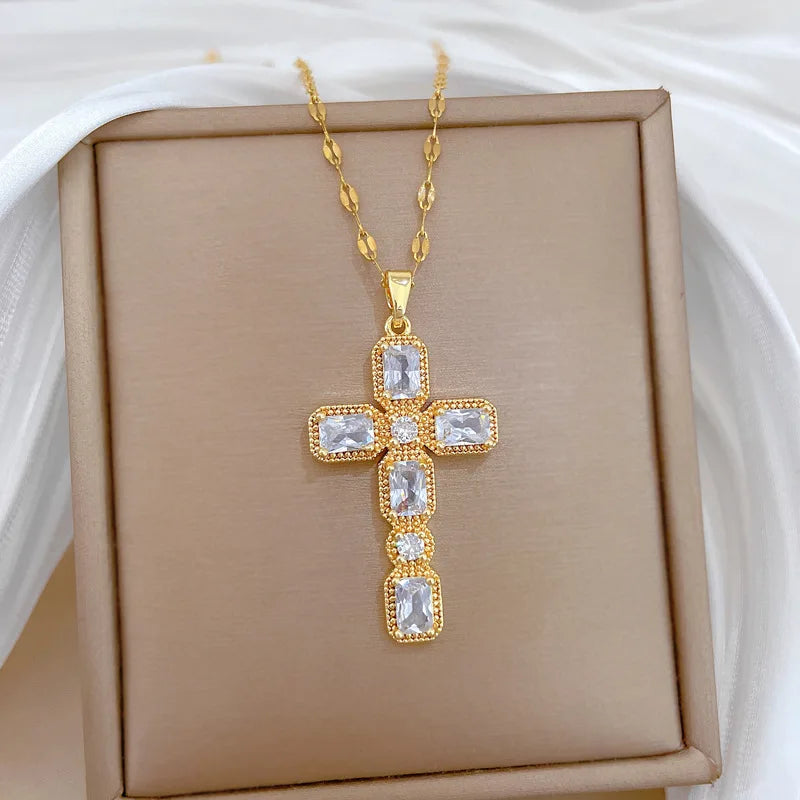 Women's Gold Cross Pendant Choker Necklace – Stainless Steel