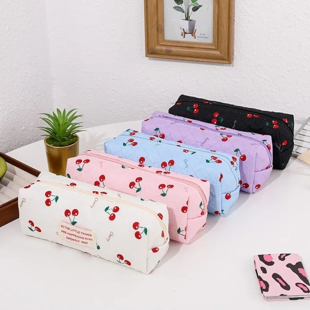 Korean Cherry Print Pencil Case – Large Capacity Pen Bag