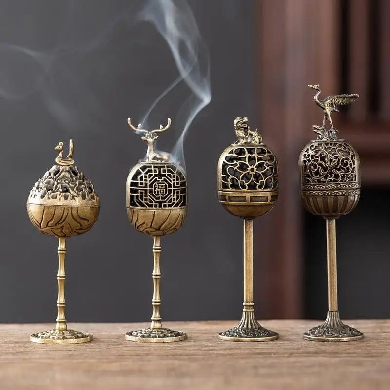 Alloy Hollow Deer Crane Incense Burner – High-Foot Décor Censer