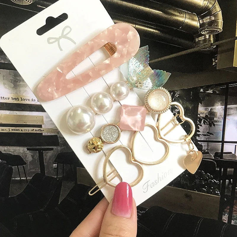 Pearl Crystal Hair Clips Set – Korean Geometric Barrettes