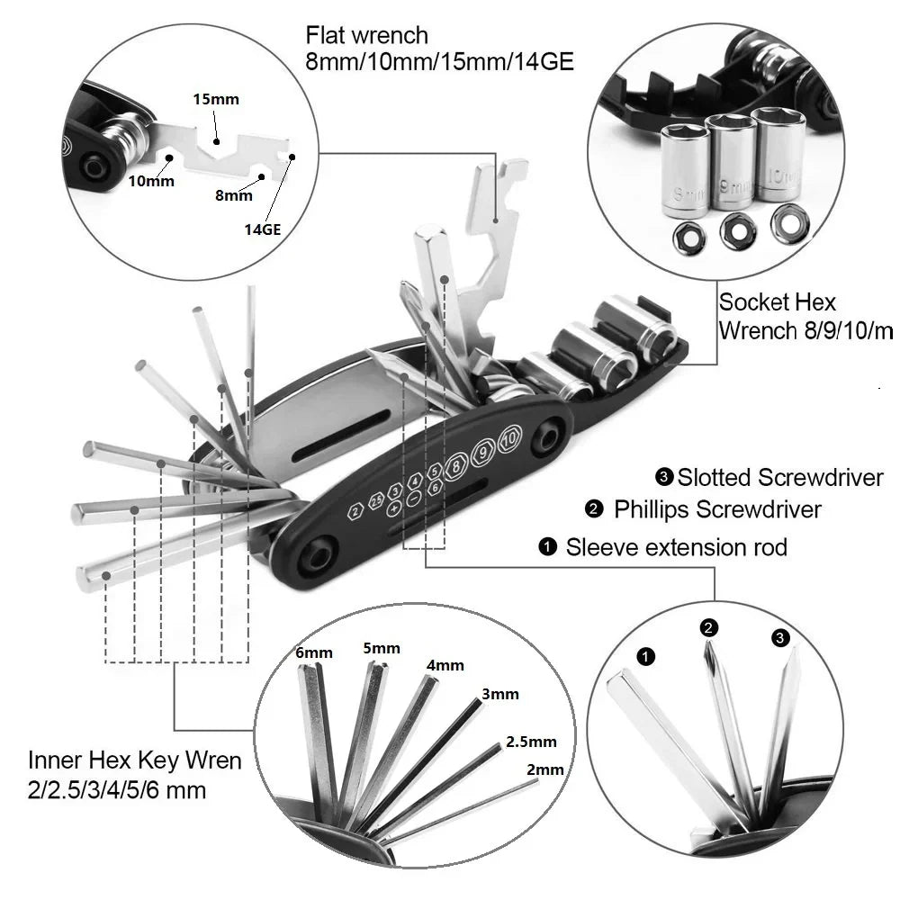 16-in-1 Bicycle Multitool – Hex Wrench, Spoke & Tyre Levers