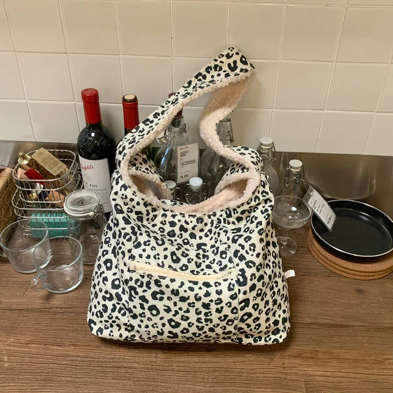 Nixie Plush Leopard Print Tote Bag – Large Crossbody Bucket Bag