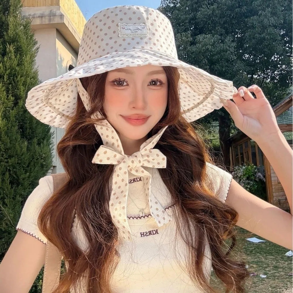 Women's Polka Dot Wide Brim Bucket Sun Hat with Ribbon