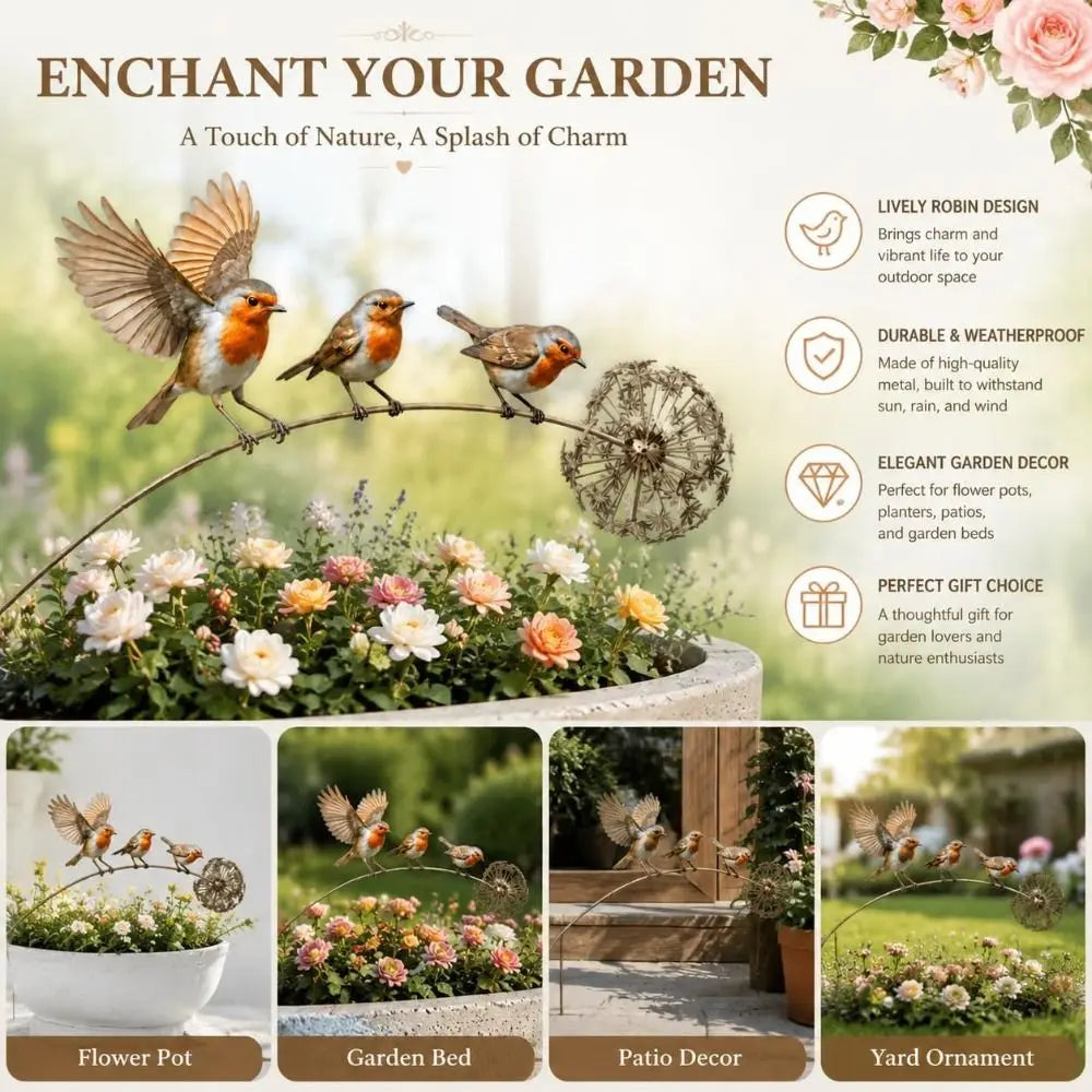 Metal Robin Garden Stakes – Weather-Resistant Bird Yard Decor