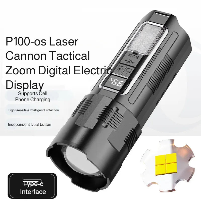 Zoomable Flashlight & Power Bank – Type-C Rechargeable, 500m