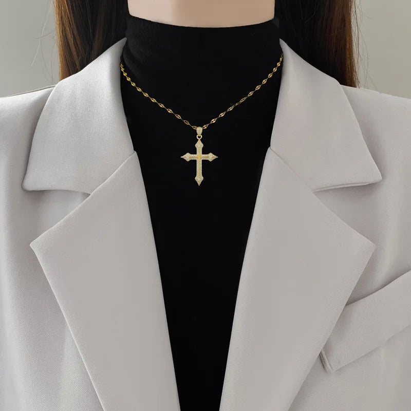 Women's Gold Cross Pendant Necklace – Stainless Steel Choker