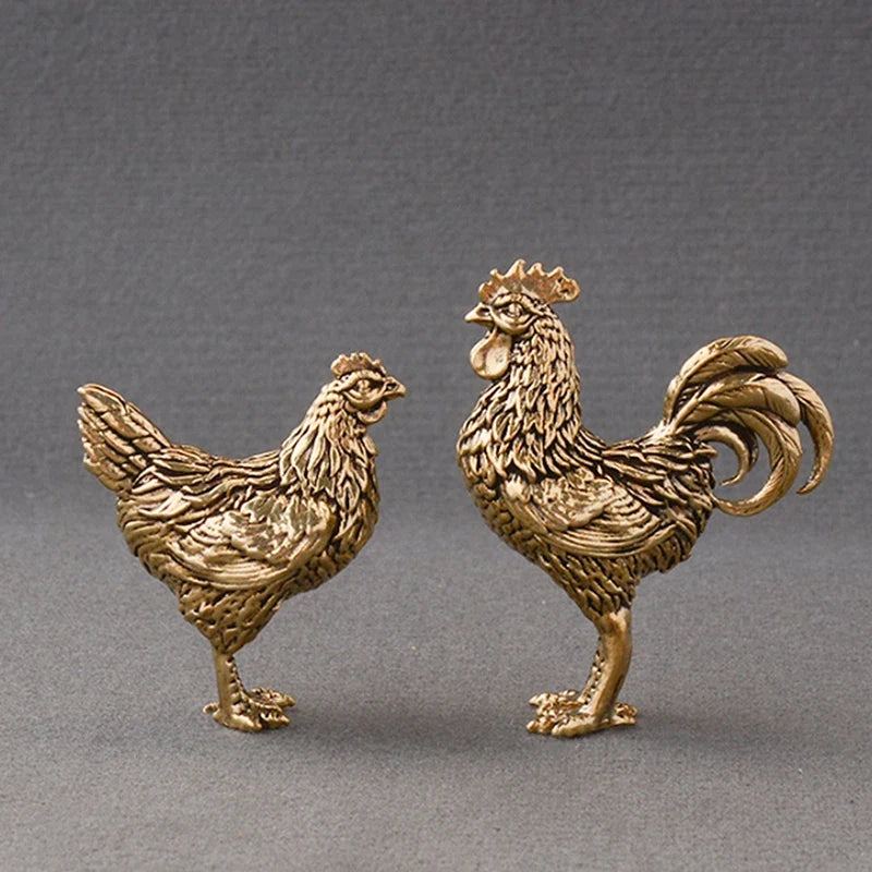 Solid Brass Rooster & Hen Miniature Statue Desk Ornament