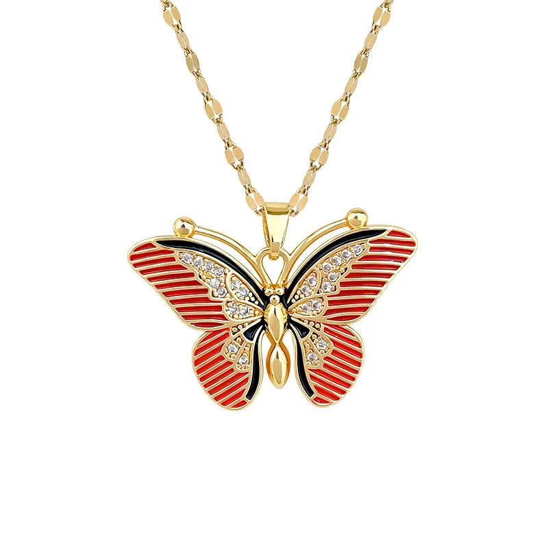 Red Butterfly Pendant Necklace – Gold Stainless Steel Choker