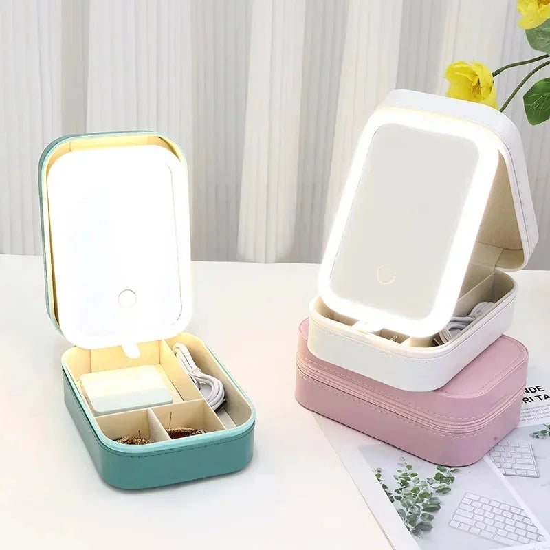 Portable LED Mirror Makeup Brush & Cosmetics Storage Box