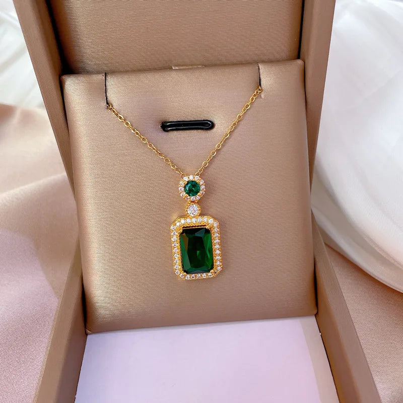Women's Gold Zirconia Square Pendant Necklace – Stainless Steel