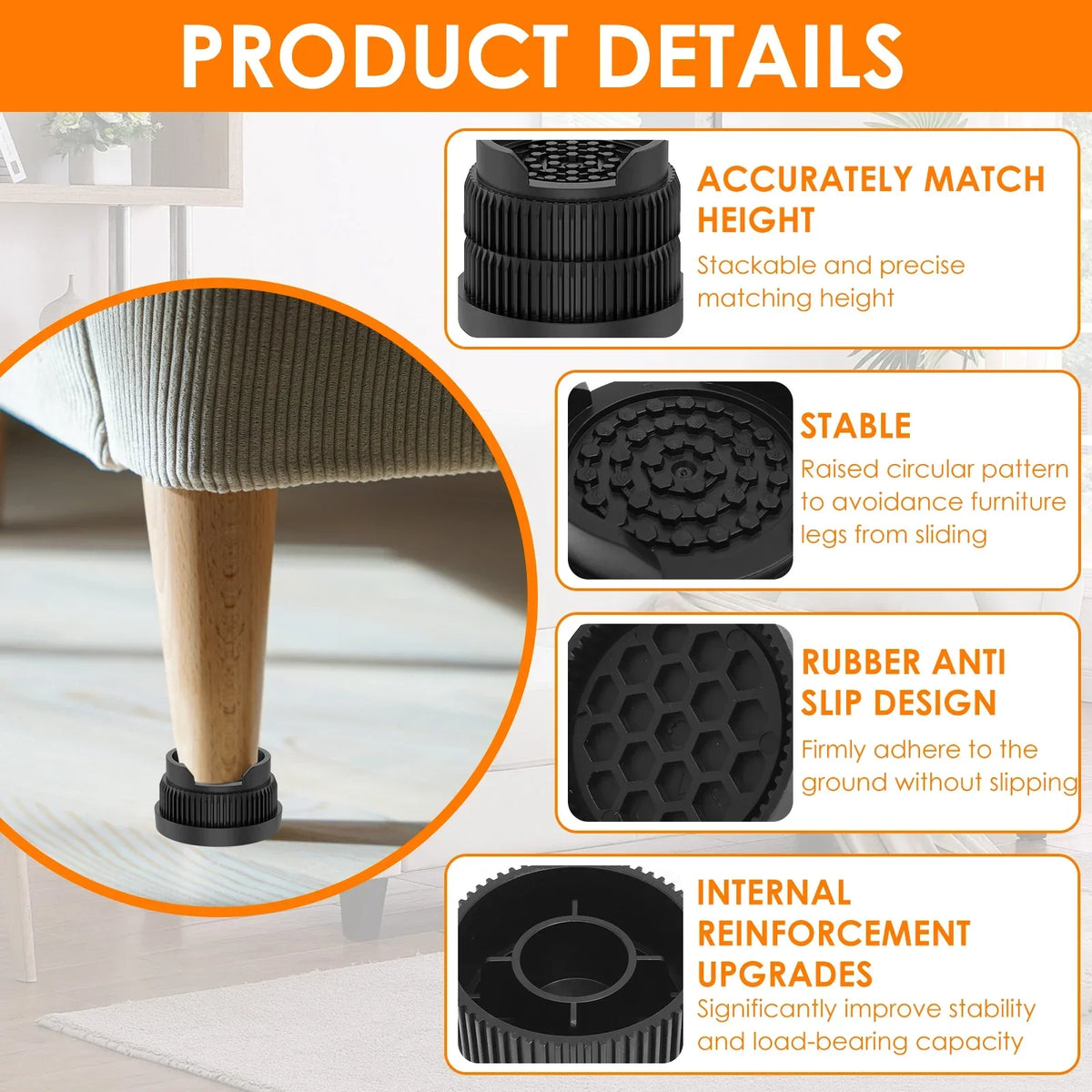 Furniture Risers 12/16 Pcs – Heavy Duty Non-Slip TPE Leg Pads