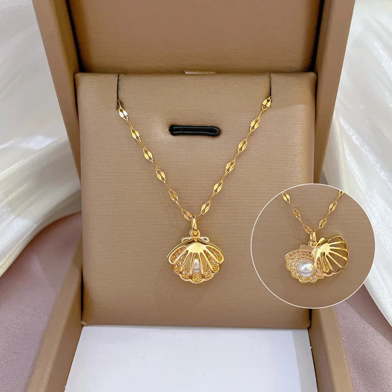 Zircon Shell Pearl Clavicle Necklace – Gold Stainless Steel