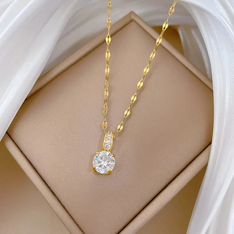 Geometric Zircon Pendant Necklace Gold Stainless Steel Chain