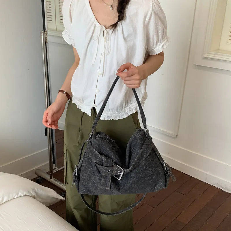 Korean-Style Large Denim Tote Bag – Shoulder & Crossbody