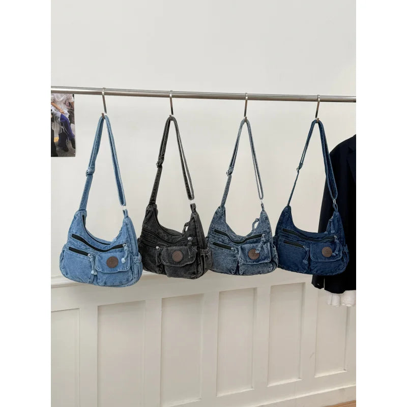 Japanese Washed Denim Multi-Pocket Women's Shoulder Bag