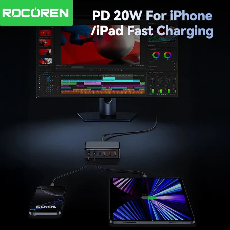 Rocoren 100W GaN Charger 6-Port Desktop Fast Charging Station