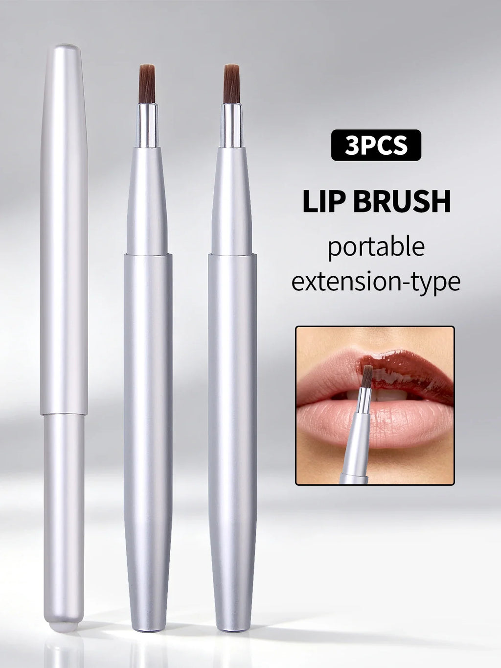 3-Pack Retractable Lip Brush Set | Silver Metal Travel Makeup
