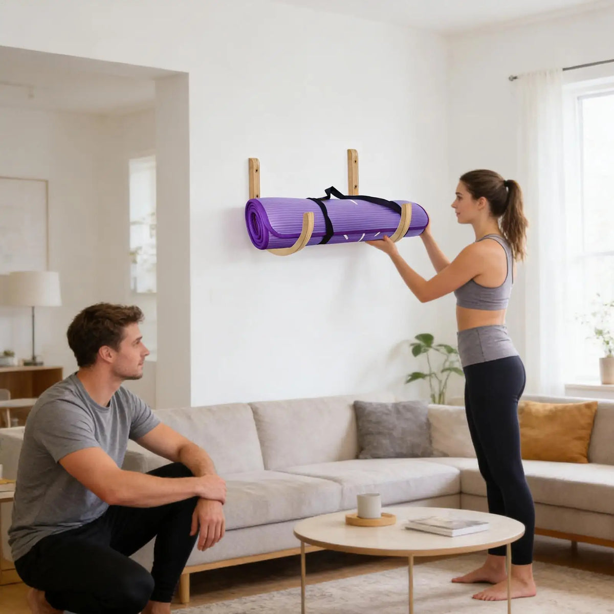 Wooden Yoga Mat Wall Mount Rack – 2-Piece Storage Set