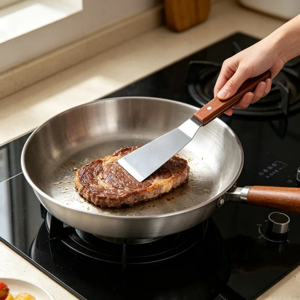 Nonstick Stainless Steel Frying Pan & Spatula Set | Wooden Handle