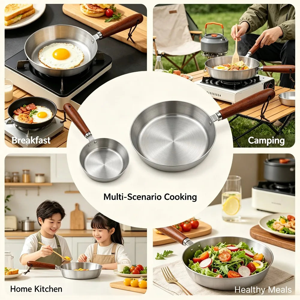 Stainless Steel Nonstick Frying Pan Wood Handle Skillet