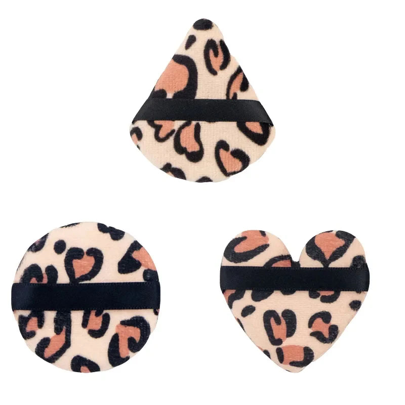 Leopard Print Velvet Powder Puff Set | 3 Shapes, Ribbon Strap