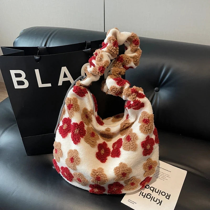 Floral Plush Dumpling Crossbody Bag – Large Capacity Women