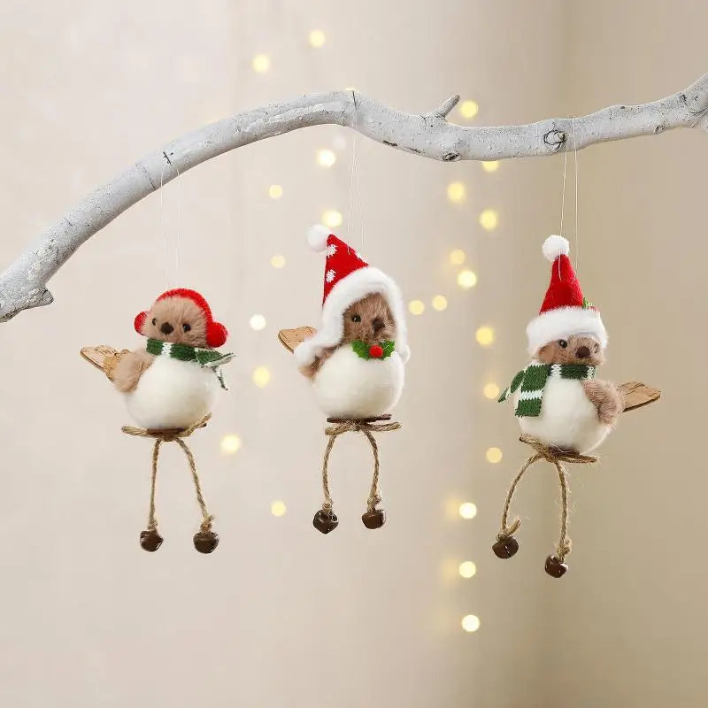 Christmas Plush Bird Ornaments – Santa Outfit & Jingle Bells