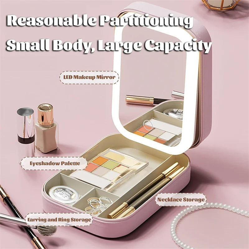Portable LED Mirror Makeup Brush & Cosmetics Storage Box