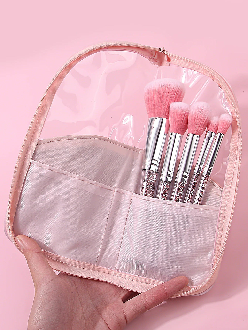 5-Piece Pink Diamond Makeup Brush Set with Bag, Sponge & Puff