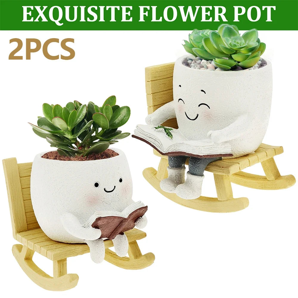 Rocking Chair Smile Face Planters – 2Pcs Resin Succulent Pots