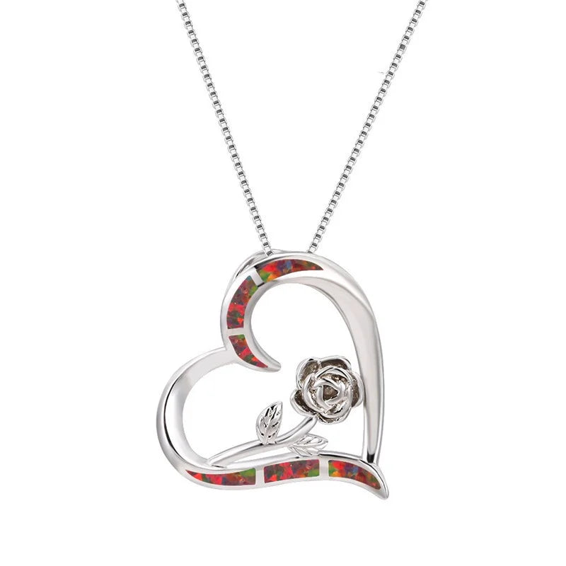 Women's Simulated Opal Rose Heart Pendant Necklace
