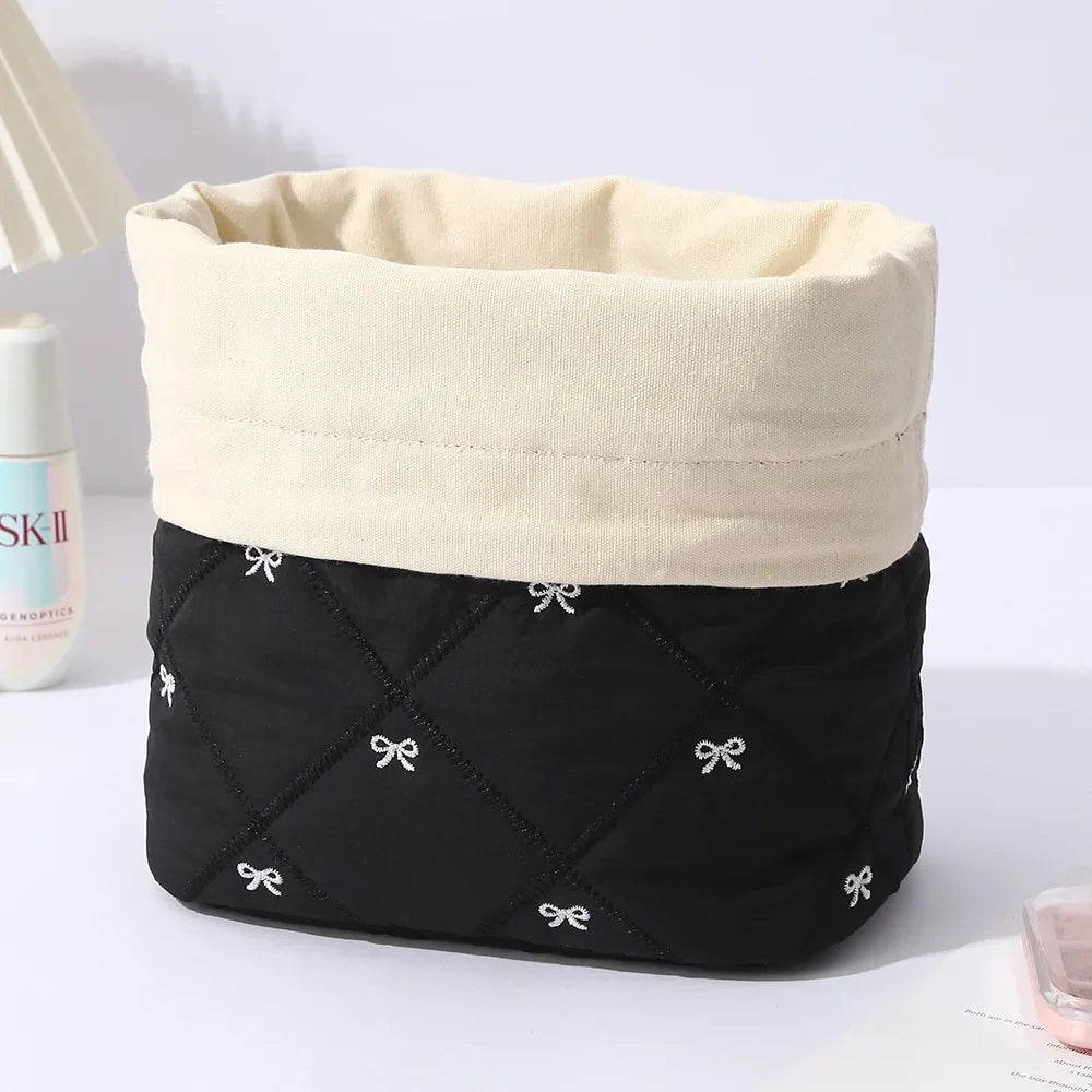Quilted Drawstring Makeup Bag – Bow Embroidery Travel Organizer