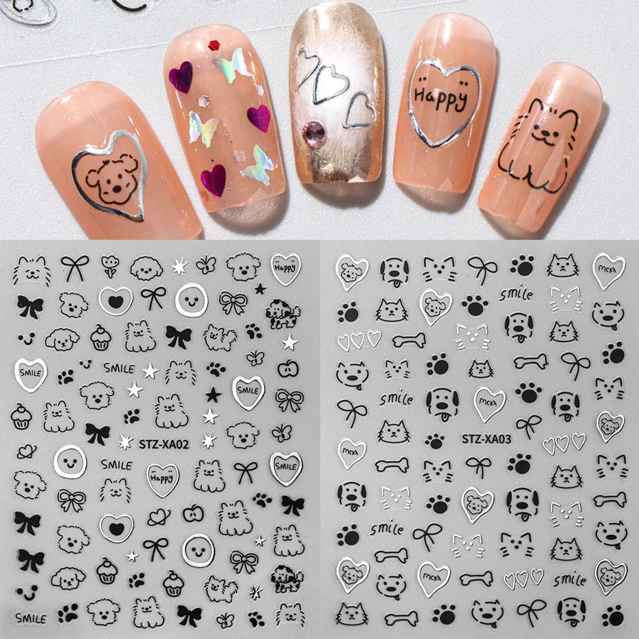 Y2K Cat & Dog Nail Art Stickers | Black Silver Decals 2 Sheets